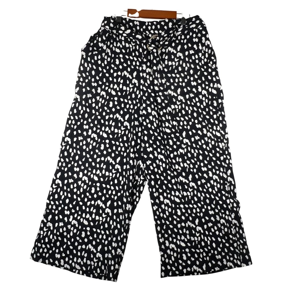 Joie Black Cream Abstract Dot Wide Leg Crop Pants Large Belted Pockets L
